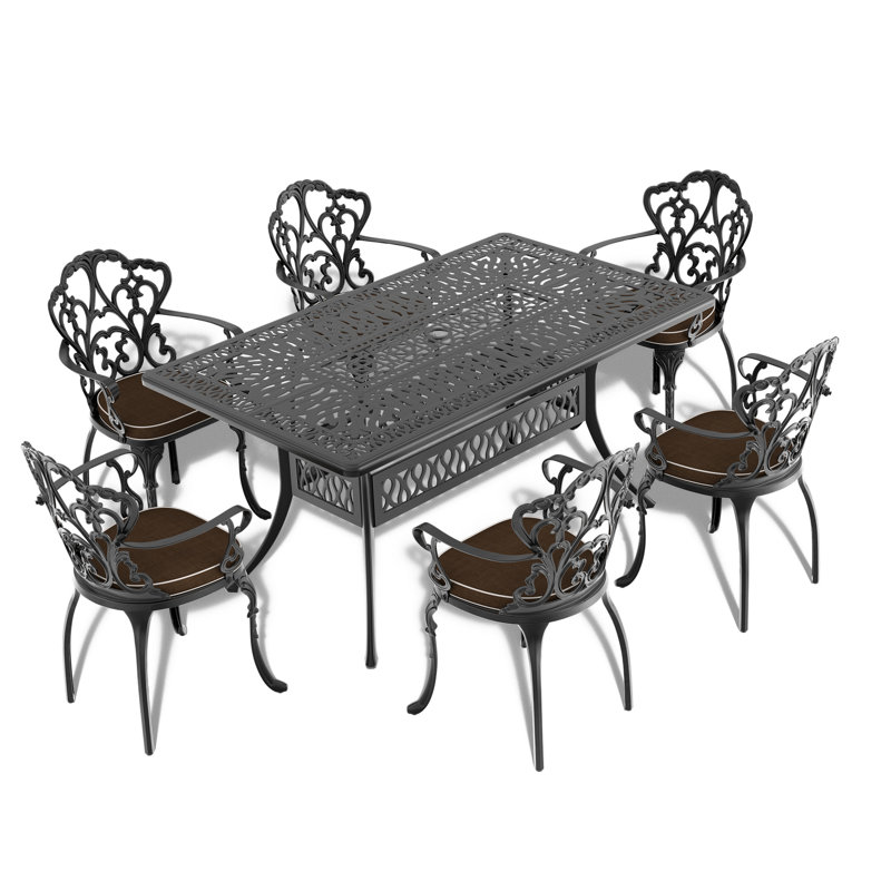 Table de patio en aluminium noir avec trou pour parasol, capacité de 160 lb, 6 repas d'extérieur noir, H 27,62 po x l 34,42 po x l 57,5 po, trou, structure antirouille