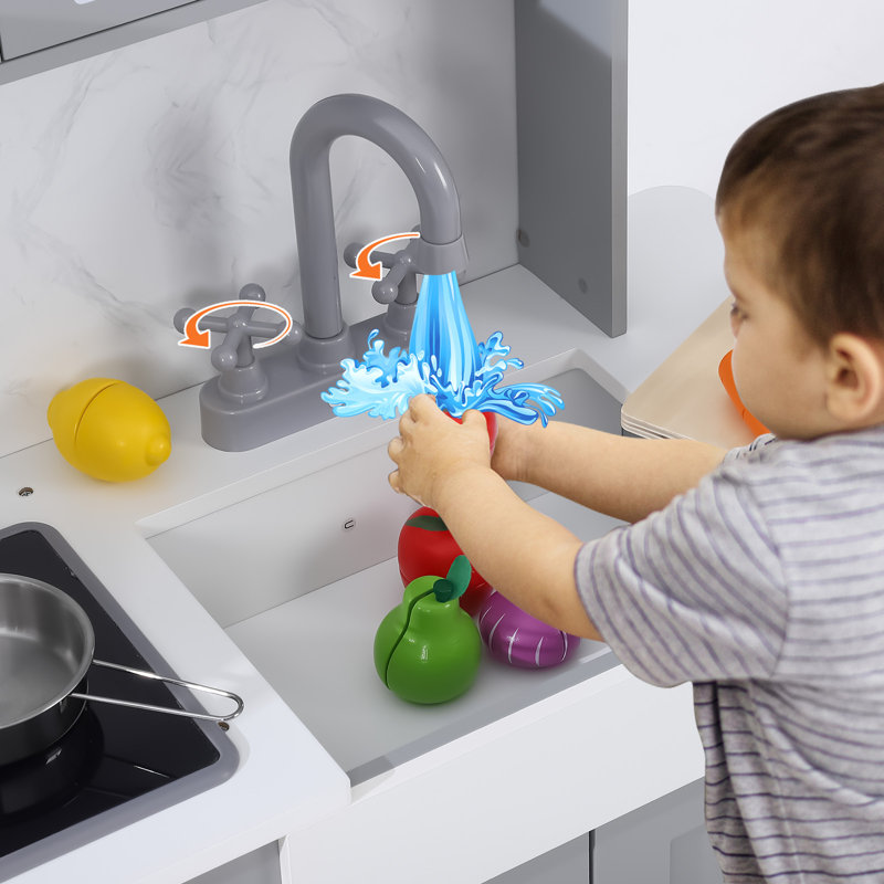 Wooden Kids Play Kitchen Set with Real Lights & Sounds, Pretend Cooking Toy with Sink, Oven, Microwave & Accessories, Chef Role Play