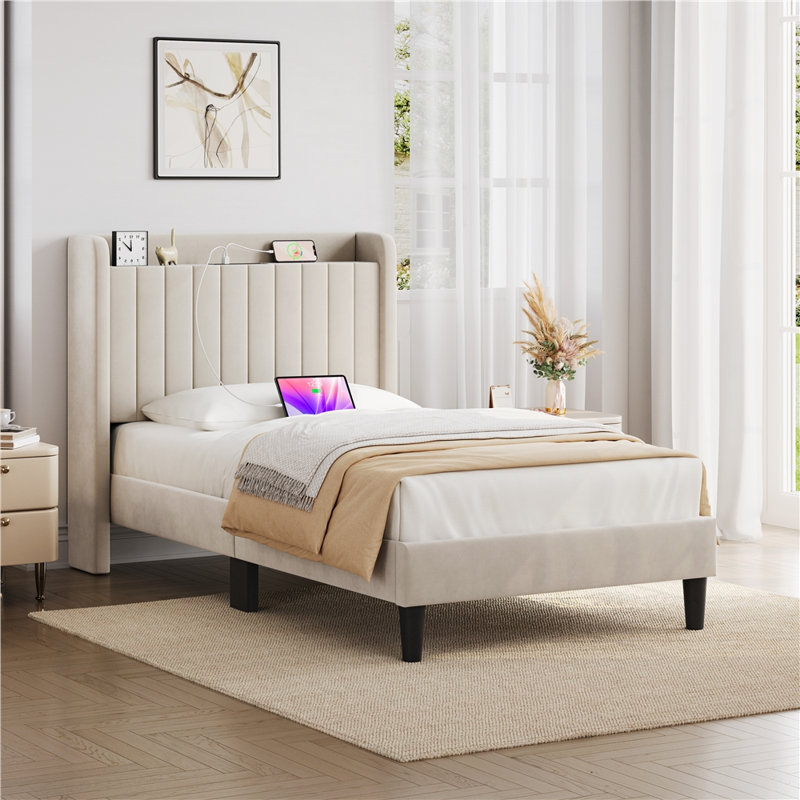 Structure de lit rembourrée avec prises de recharge et ports USB, Beige, Twin