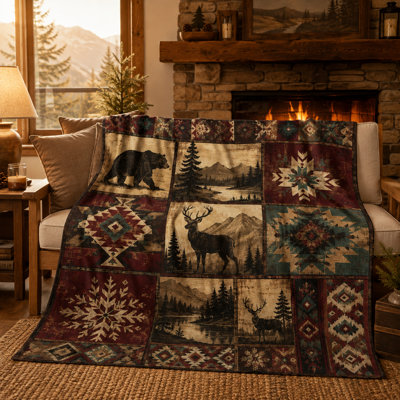Rustic Southwestern Bear and Deer Flannel Throw Blanket with Geometric Patchwork, Mountain Lake and Forest Panels for Couch Bed Cabin Lodge Accent, 30 x 40 in