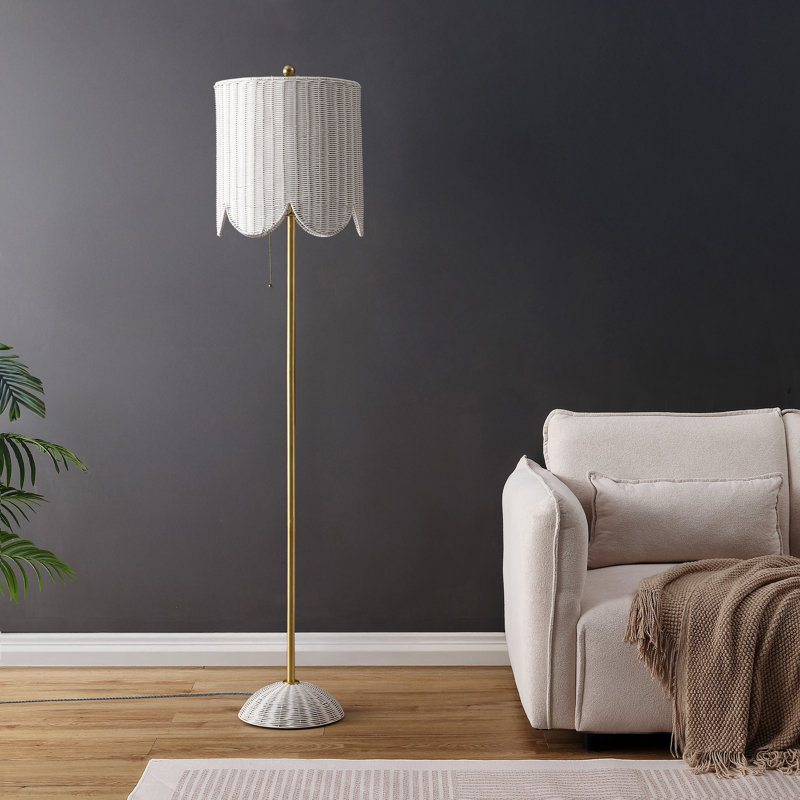 Joel 63.5" Coastal Bohemian Scallop Shade Rattan/Metal LED Floor Lamp with Pull Chain, White/Brass Gold