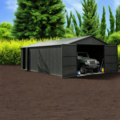 Abri de jardin extra large en acier de 3,66 m x 9,14 m avec espace de rangement, garage moderne gris foncé