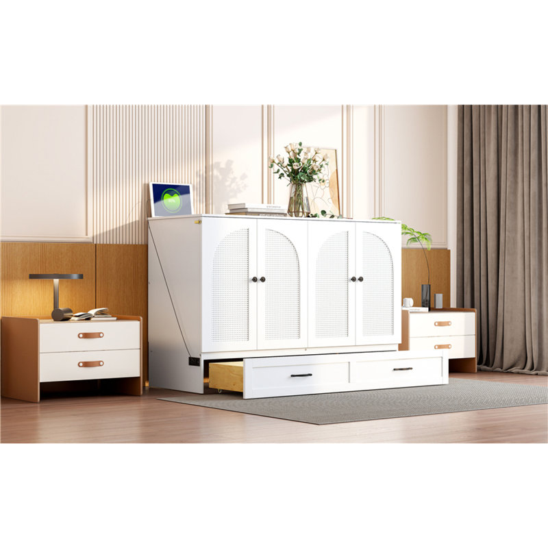 Lit escamotable avec grands tiroirs,, Lit double, Blanc