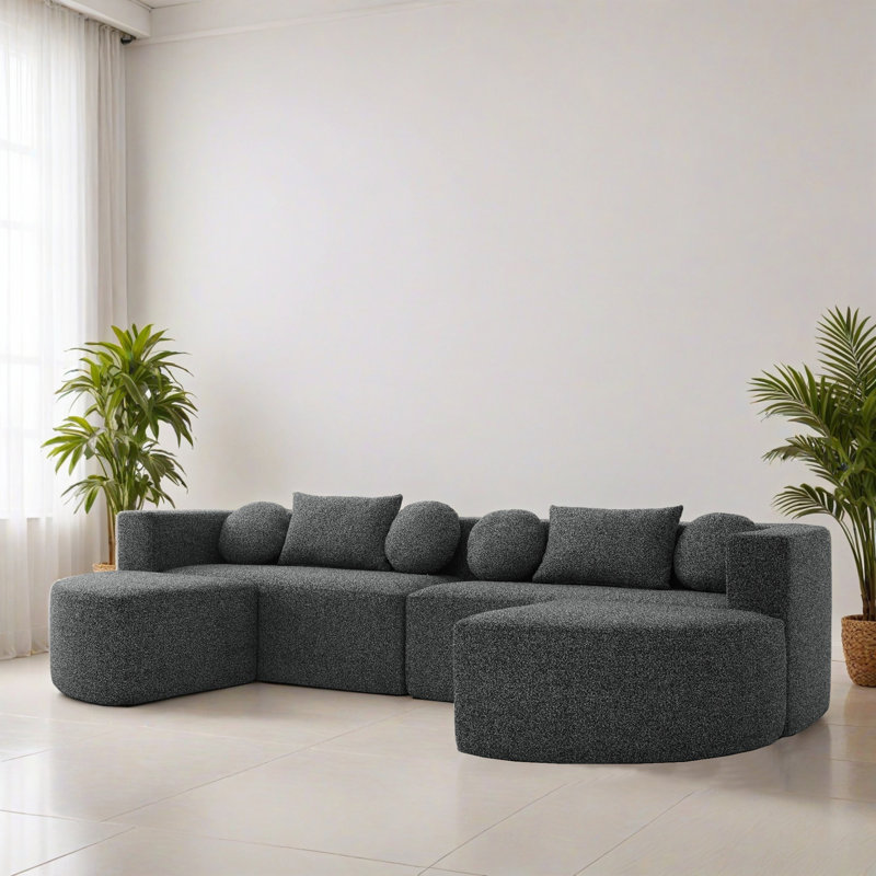 115"W 4-Piece Upholstered Sectional, Black Boucle