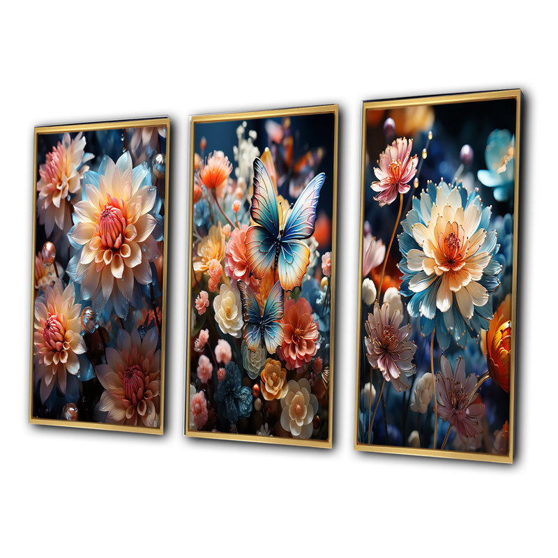 «Meadow Chrysanthemum Charm», 3 pièces sur toile, Cadre flottant doré, H 20 po x l 36 po