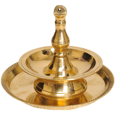 Handmade Brass Wick Lamp with Supportive Plate - Traditional Indian Nila Villaku Oil Diya for Puja Altar Decor