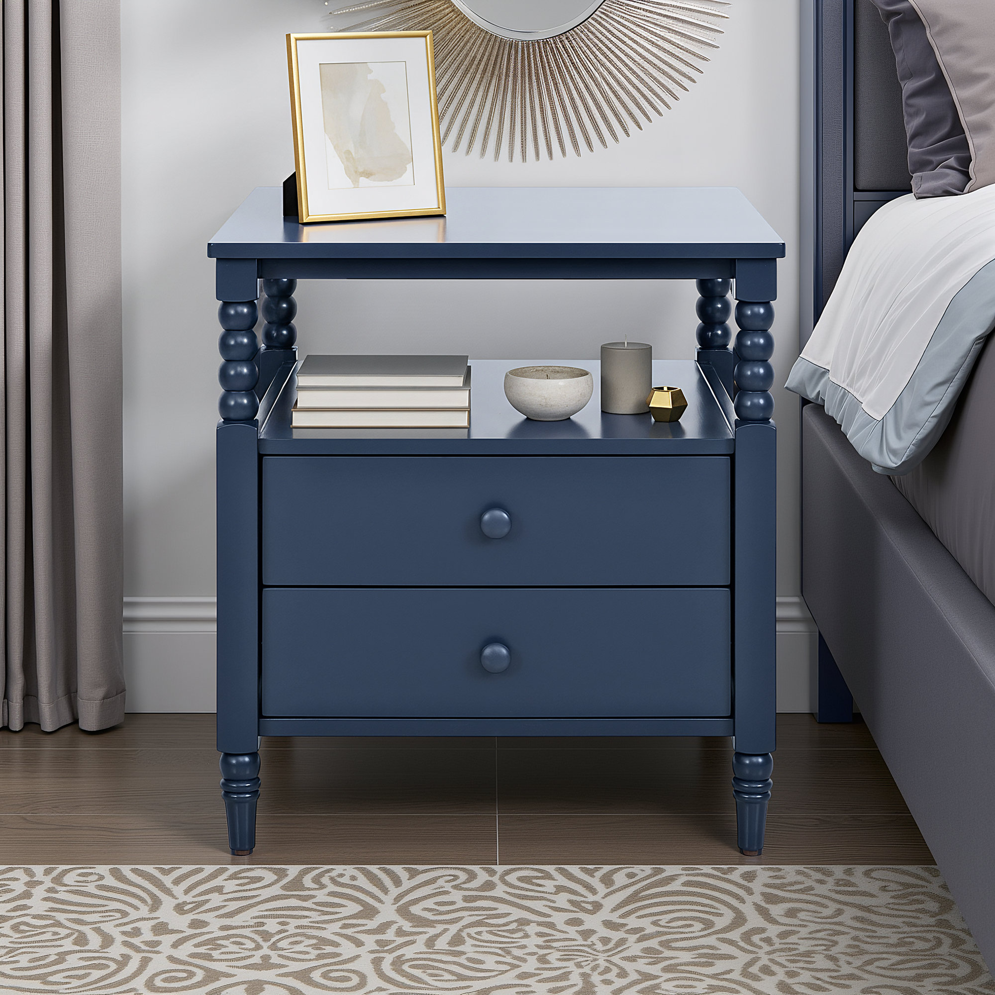 Benbrook Spindle Two Drawer Nightstand, Blue