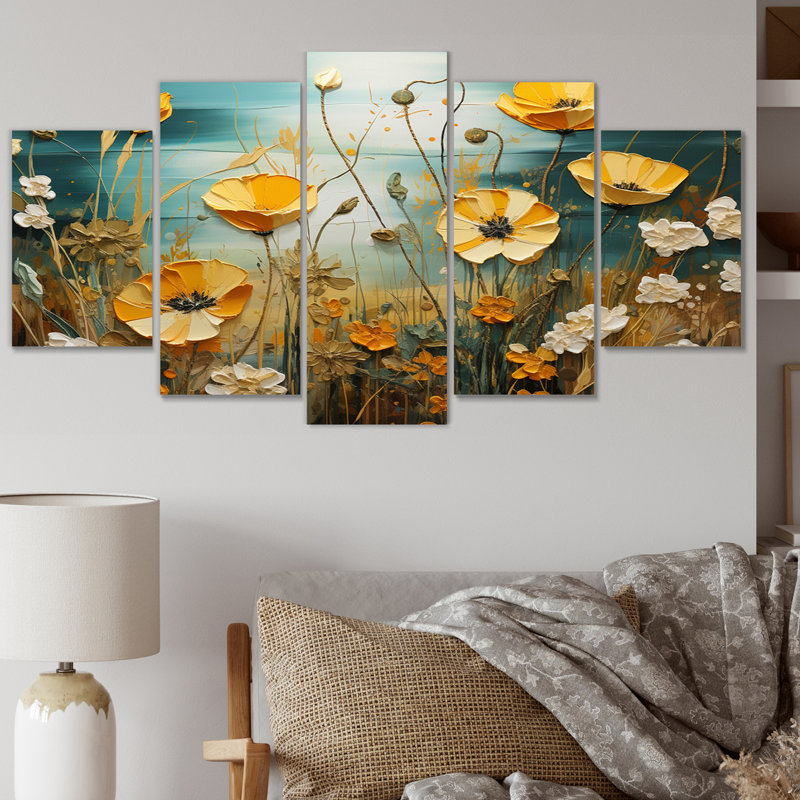 «Yellow Buttercups», lueur dorée, patchwork I sur toile, 5 pièces
