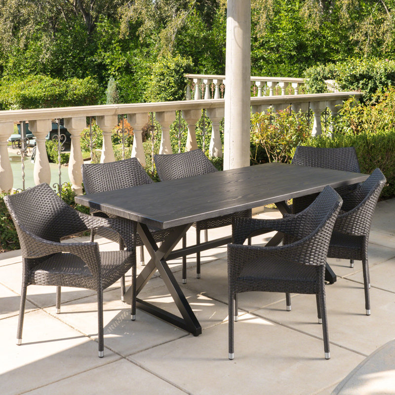 Feumore 6 - Person Wicker Patio Dining Set with Rectangular Table, Grey