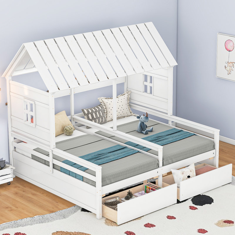 Twin Size House Platform Beds, 2 Side by Side Beds with Drawers, Shared Bedroom Furniture Set, White