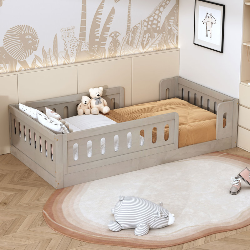 Wood Floor Bed with Semi-Enclosed Guardrails, Natural, Twin