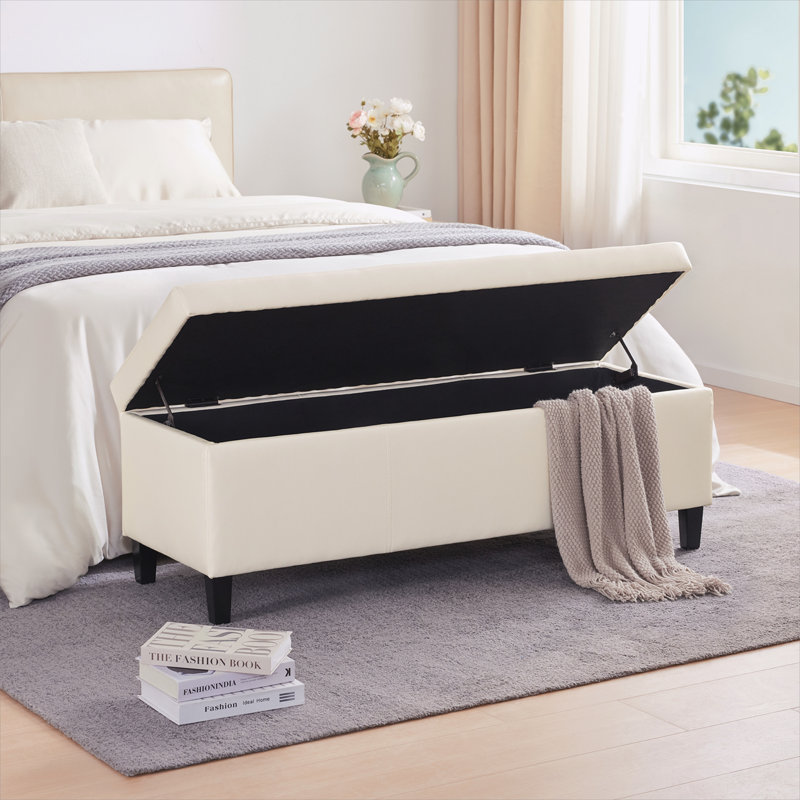 Faux Leather Upholstered Bench with Flip Top, Cream