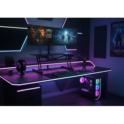  45 in. Black Height Adjustable Standing Desk Converter with Triple Monitor Mount and Deep Keyboard Tray