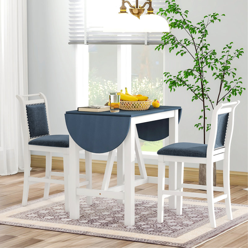 Ensemble de table de salle à manger 3 pièces en bois à hauteur de comptoir avec abattant et 2 chaises rembourrées pour petit espace
