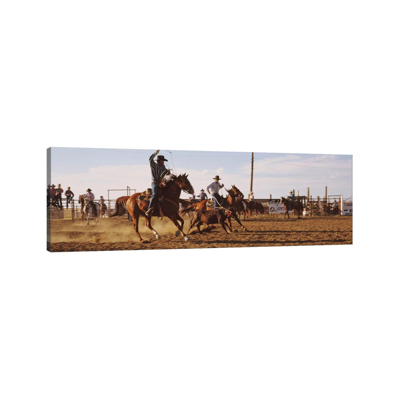 Cowboys Roping A Calf, North Dakota, USA by Panoramic Images - Wrapped Canvas Panoramic Print