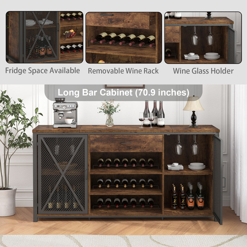 70 Inch Industrial Bar Cabinet with Fridge Space and Wine Rack Long Bar Cabinet with Drawer,Rustic Wood Metal Large Wine Cabinet with Rack Modern Sideboard Buffet for Kitchen Dining Room