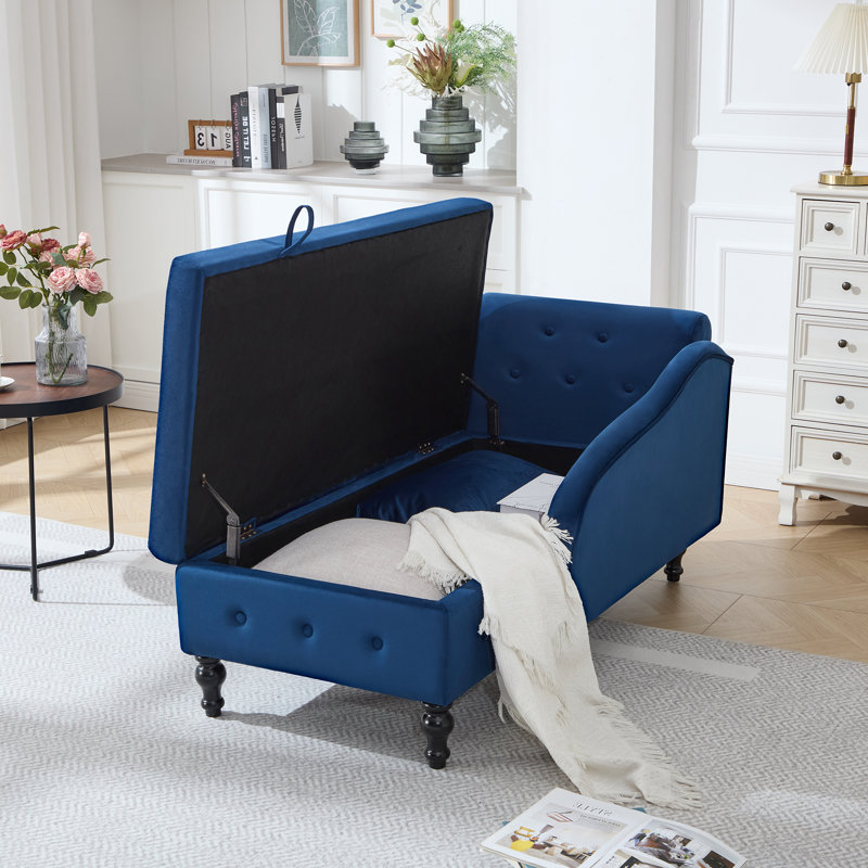 Chaise longue de rangement en velours Eastham, Bleu, Orienté à droite