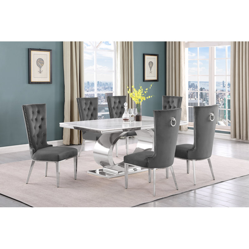 Kiarna Pedestal Dining Set, 7, Gray/Silver, Silver
