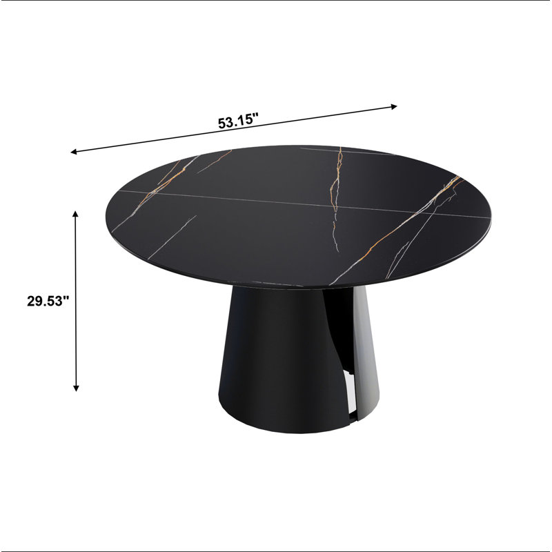 Table de salle à manger moderne 53,15 po en pierre artificielle ronde en acier au carbone noir pouvant accueillir 6 personnes