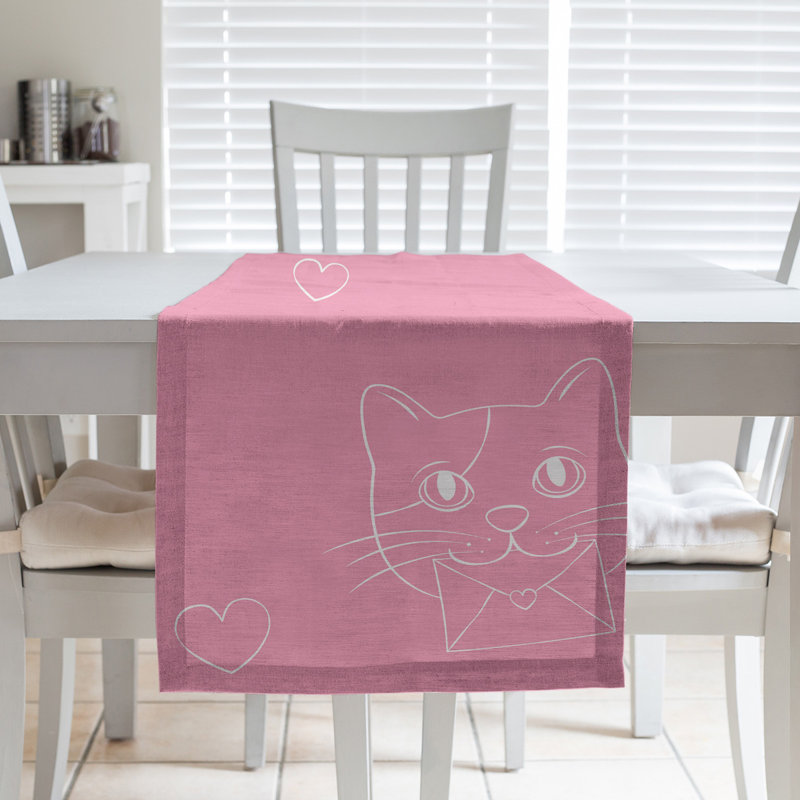 Festive Hol Valentine's Day Cats Table Runner, 90" L x 16" W, Pink, Cotton blend