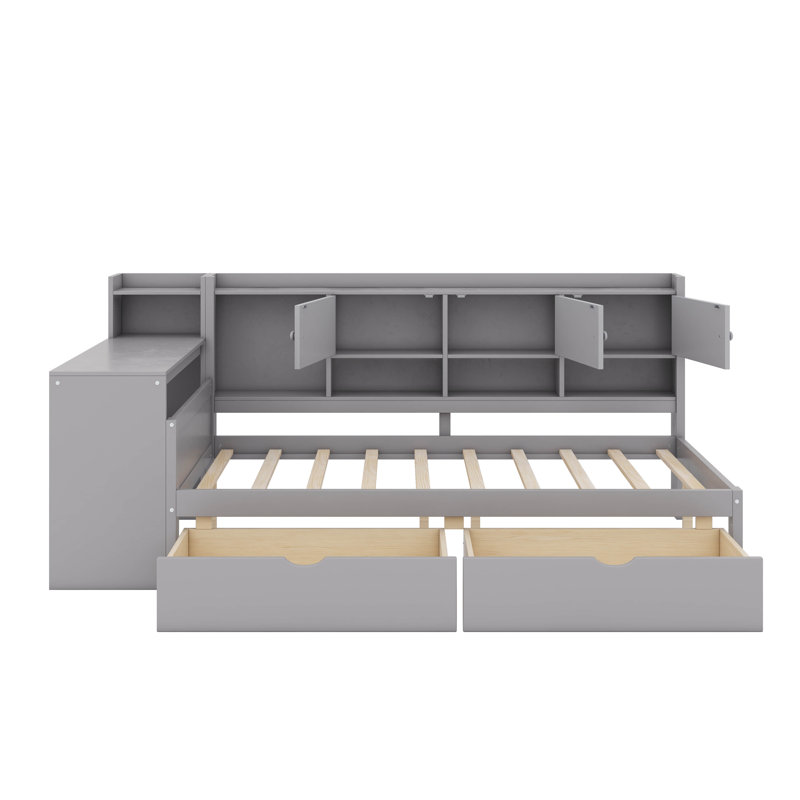 Lit de jour en bois avec armoires de rangement et bureau d'étude, structure de lit de jour en L avec 2 tiroirs de rangement