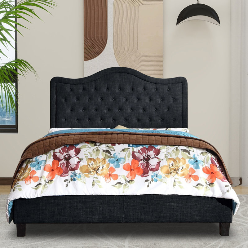 Structure de lit rembourrée en tissu avec tête de lit réglable, support à lattes de bois, lit plateforme capitonné, Beige