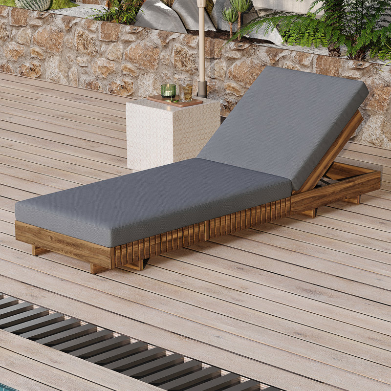Outdoor Chaise Lounge Chair with 6-Position Adjustable Backrest,Acacia solid wood,TEAK COLOR