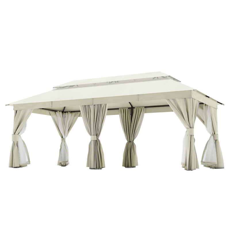Creamy White Steel Patio Gazebo with Mosquito Netting and Curtains