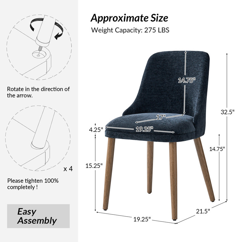 Kanalu 19.25" W Modern Upholstered Dining Chair Set with Solid Wood Legs, Navy, 6