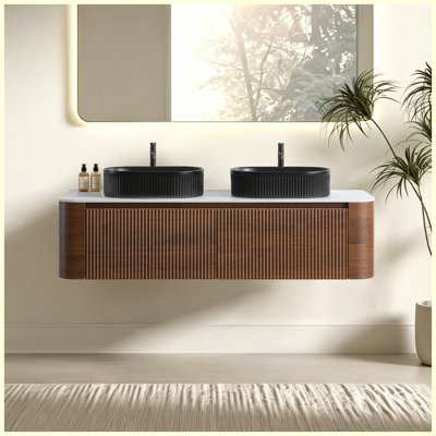 Ensemble de meuble-lavabo 60 po en noyer avec lavabo double, ensemble de meuble-lavabo mural avec porte-serviettes gratuit, double lavabo ovale en céramique rayé noir, pré-assemblé, pour la salle de bain