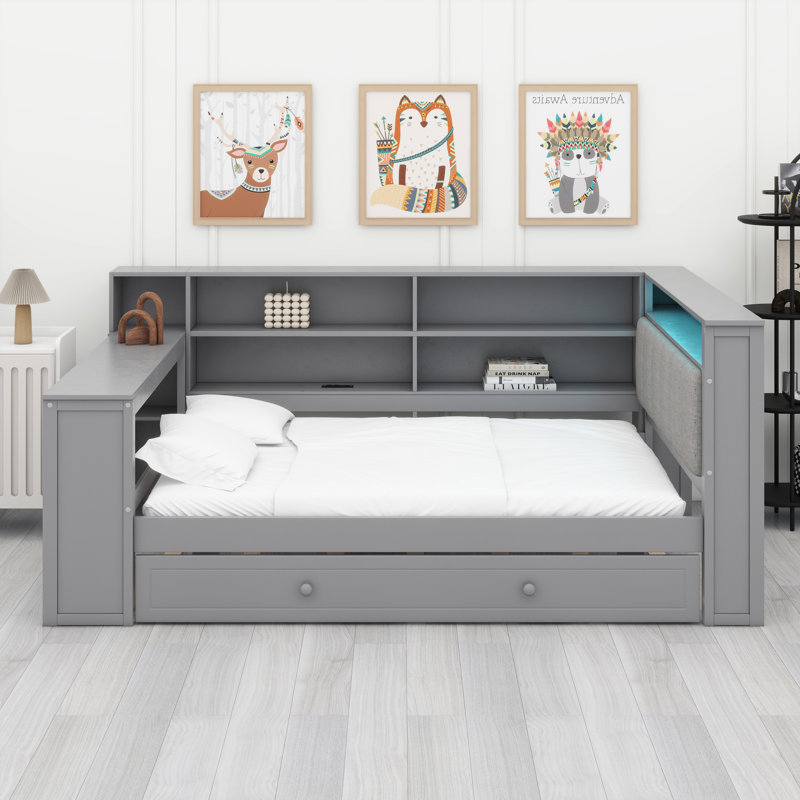 Lit plateforme avec tablettes de rangement, lit gigogne, Gris