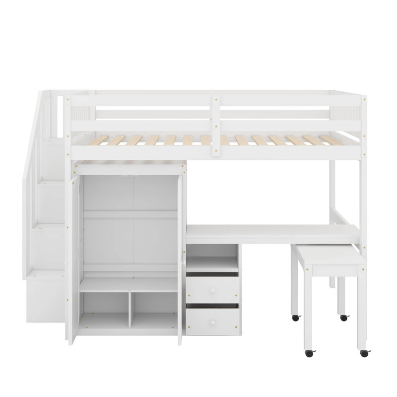 Lit mezzanine double avec escalier, tiroirs, bureau et garde-robe, Lit double, Blanc
