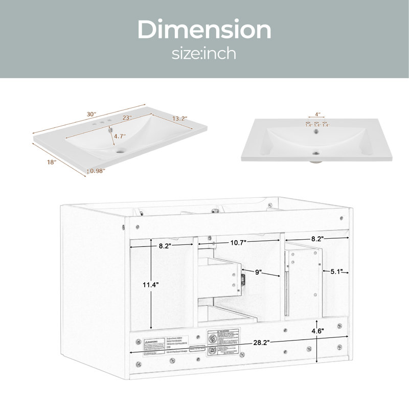 Meuble-lavabo mural simple 30 po avec plateau en céramique Klossett
