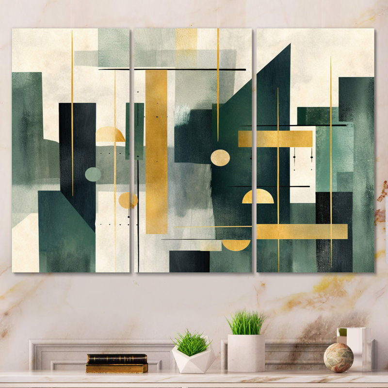 «Gold Green Parallel Universes», ensemble de 3 reproductions d'art géométriques, H 40 po x l 60 po x P 1 po