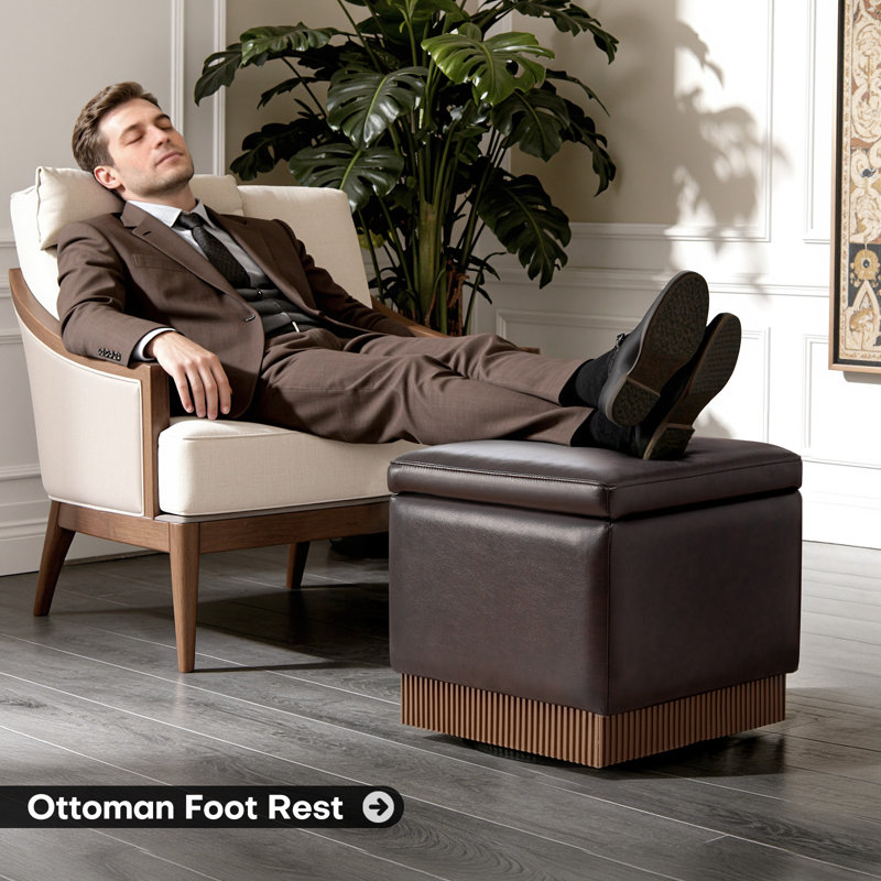 18.5"W Storage Ottoman With 360° Swivel Base Acacia Wood Frame Fully Assembled, Dark Brown