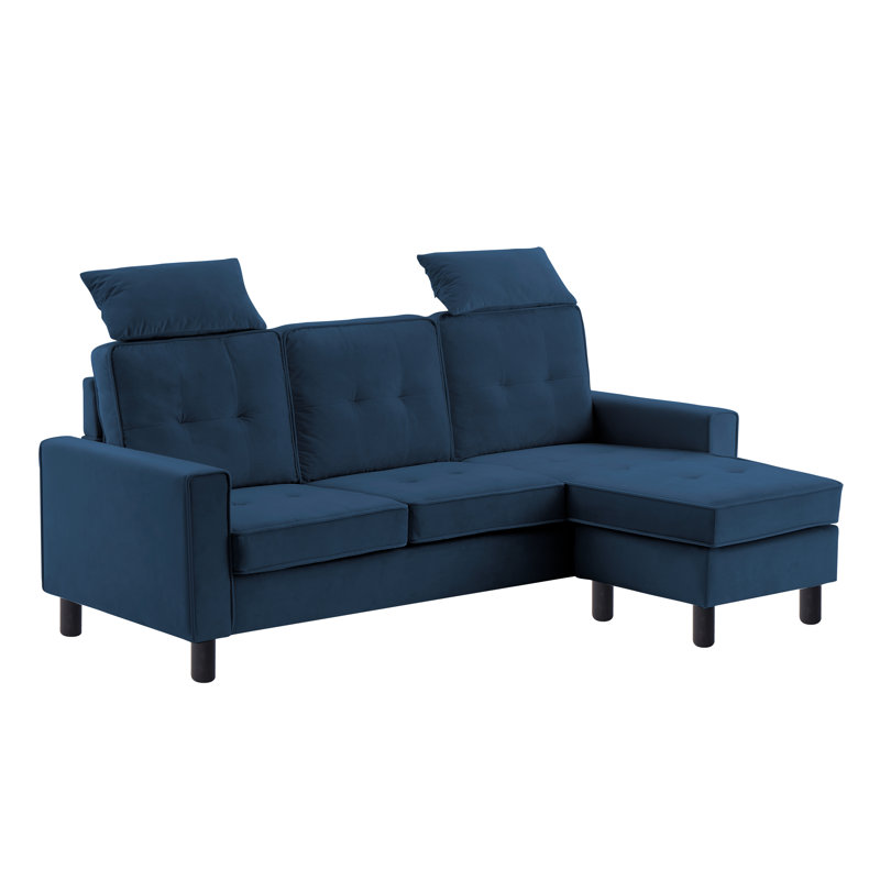 Canapé réversible avec repose-pieds Nikiforos, Velours bleu