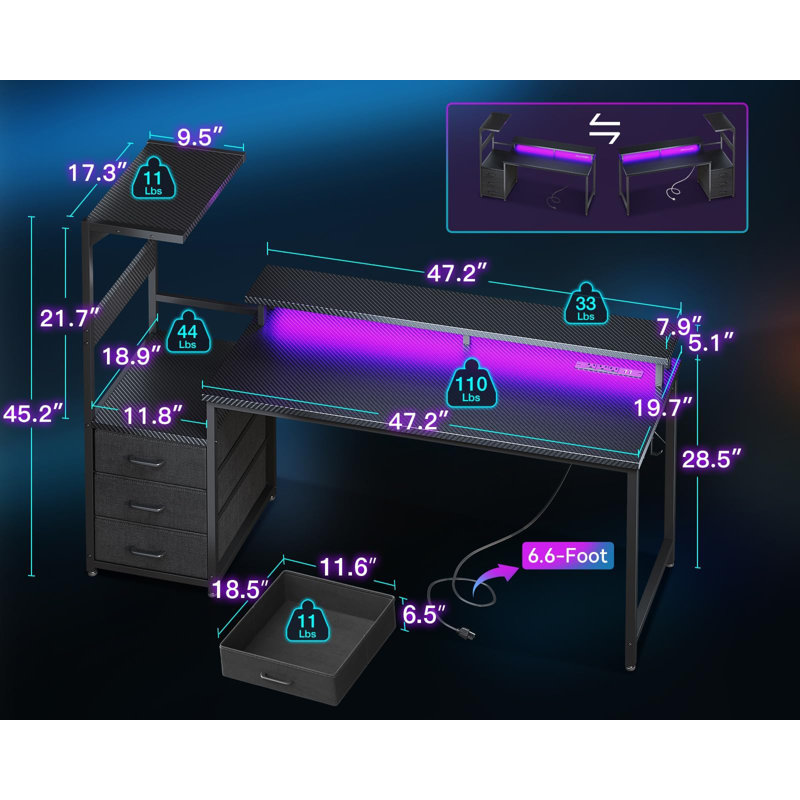 59 Inch Gaming Desk With USB Charging Ports & LED Light- Reversible Computer Desk With Storage Shelves & Monitor Stand, Modern Gamer Desk Table With Fabric Drawers & Side Hook, Carbon Fiber Black