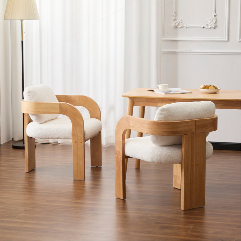Ensemble de 2 chaises de salle à manger avec dossier coussiné, structure en bois massif, Naturel, Blanc