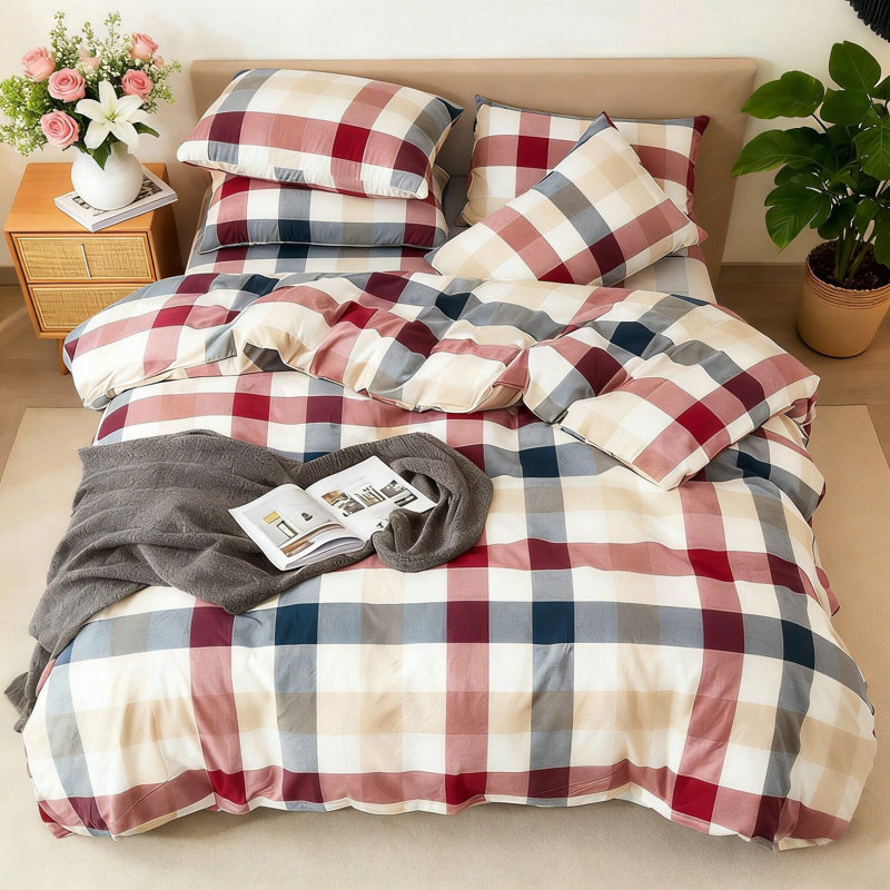 Ensemble de housse de couette 100% coton lin lavé, 3 pièces de literie respirante à carreaux rouge bleu Buffalo, fermeture à glissière et 2 taies d'oreiller, toutes saisons, décor de maison de campagne rustique