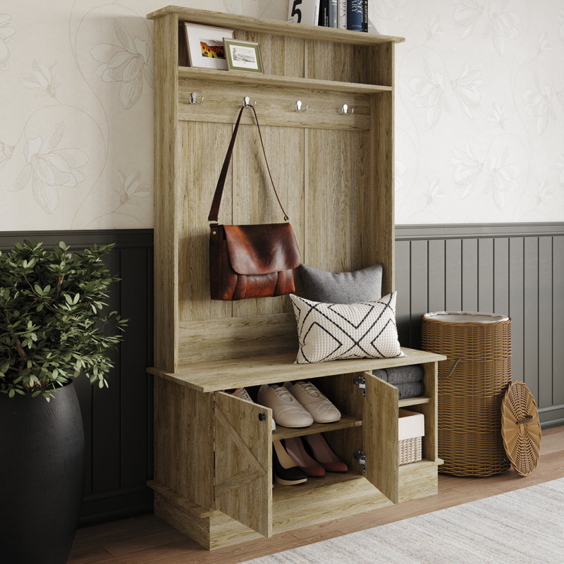 Hall Tree with Storage Cabinet, Light Oak