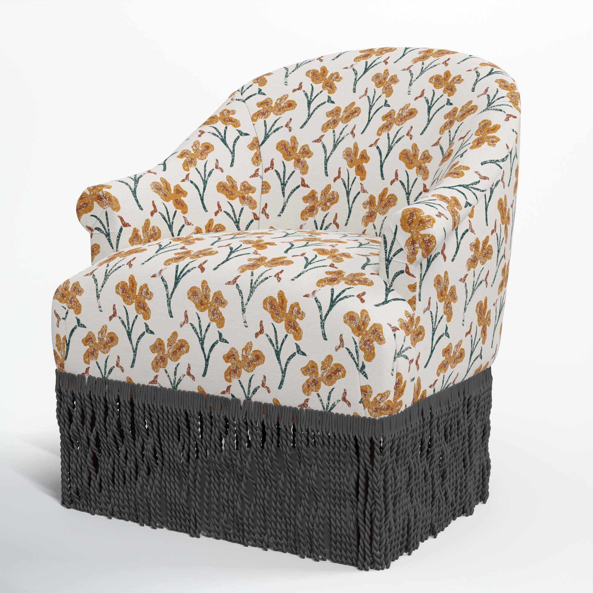 Callie Barrel Chair, Black, Vanves Floral Ochre Teal