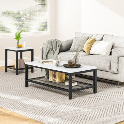 Ensemble de table basse et de rangement pour salon, table basse coulissante avec étagère de rangement en métal et table d'appoint, table basse moderne de 104 cm (41 pouces), mobilier adapté au salon - Blanc