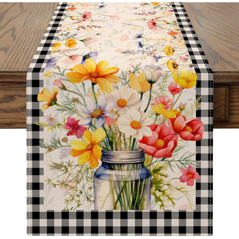 Chemin de table de printemps 13 x 72 pouces, décoration florale de printemps pour table, fête, maison - vase floral