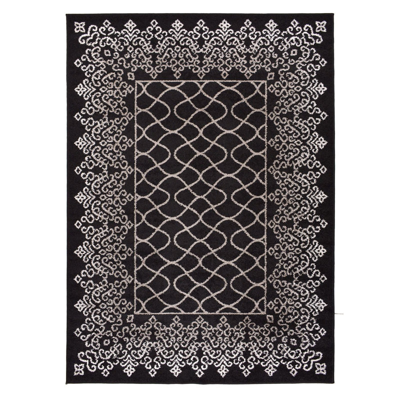 Abstract Border Trellis Black Power Loomed Area Rug, Rectangle 4'11" x 6'11"