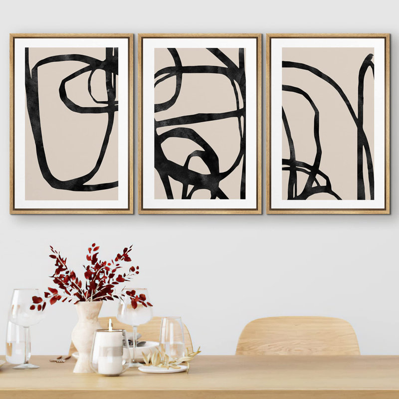 "Mid-Century noir, brun clair, ligne, collage, formes abstraites, illustrations, art moderne bohémien nordique", 3 pièces