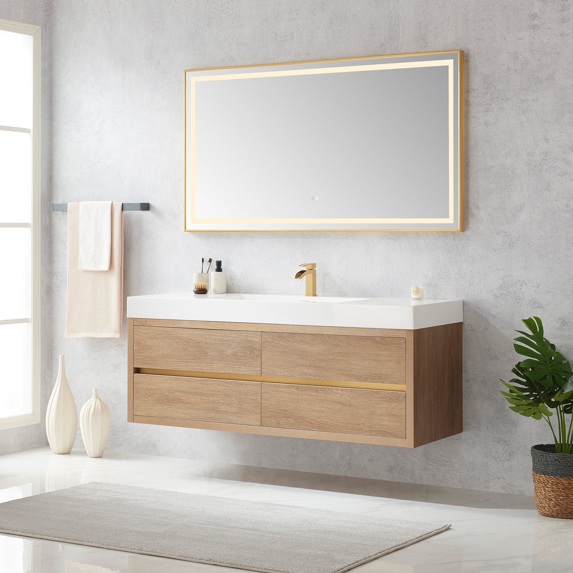 Vali 59.8'' Single Bathroom Vanity, White, North American Oak Finish