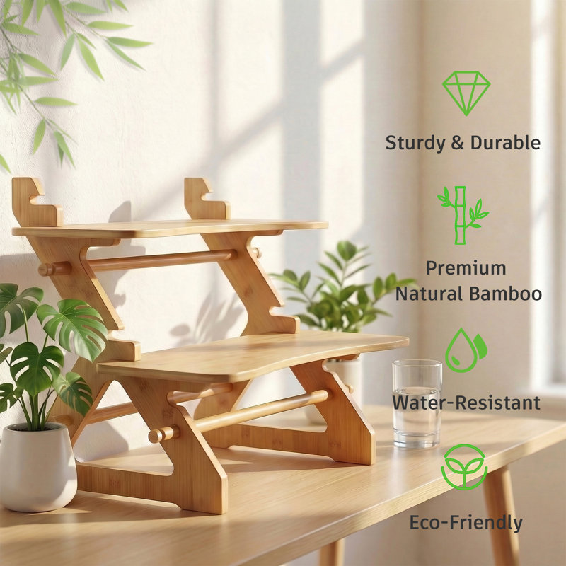 Bamboo Height Adjustable Standing Desk Converter, Tool-Free, Solid Wood Ergonomic Sit Stand Desk for Home Office