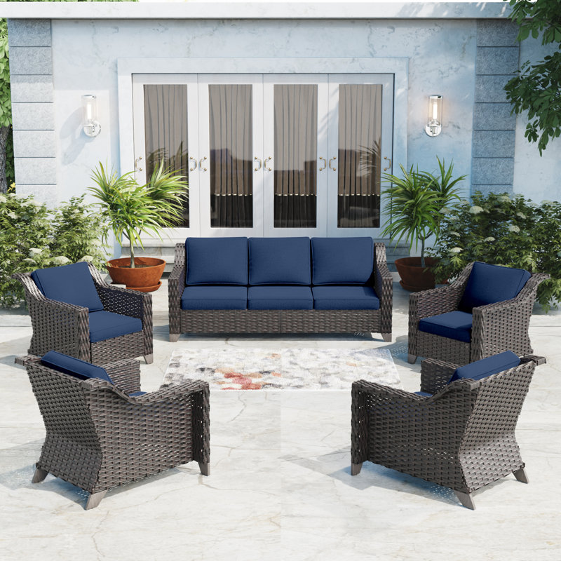 Wicker 7 - Person Patio Conversation Set with Cushions, Blue
