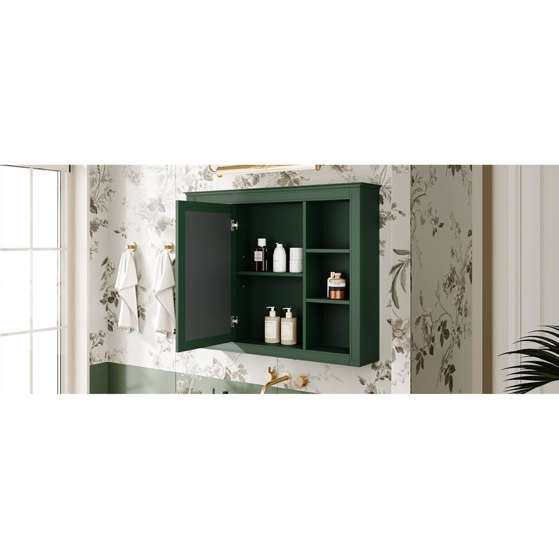 Armoire de salle de bain murale 35 po x 27,5 po - Miroir moderne avec matériaux de rangement supplémentaires, Vert