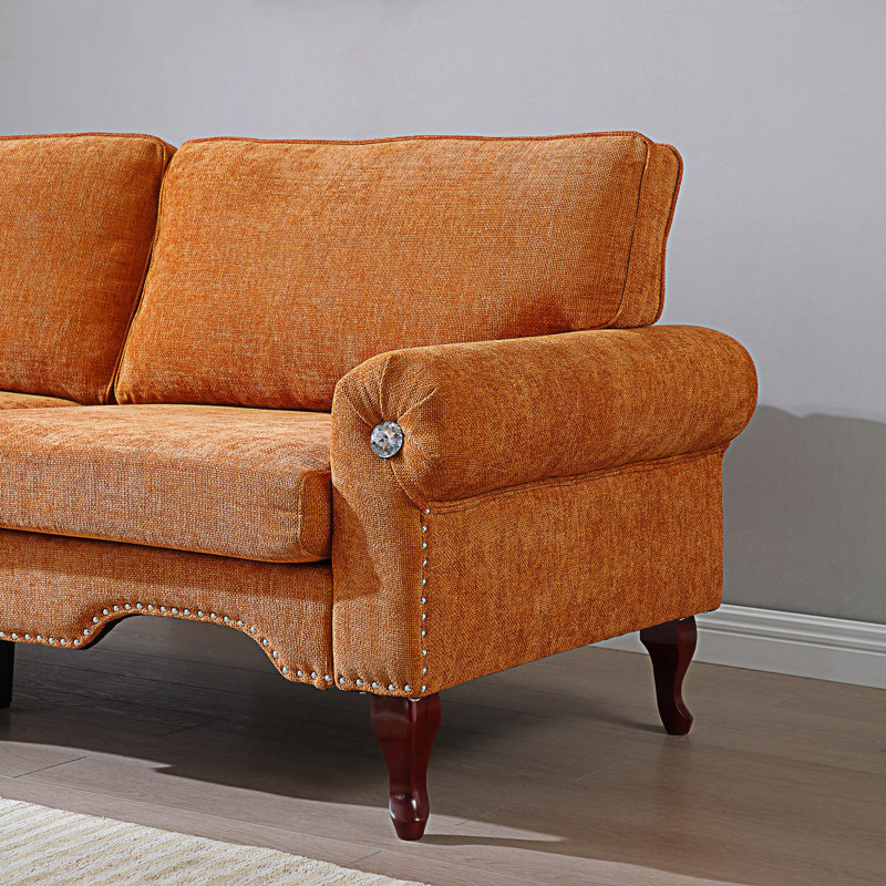 Causeuse moderne avec bouton en cristal et clou en cuivre, Orange